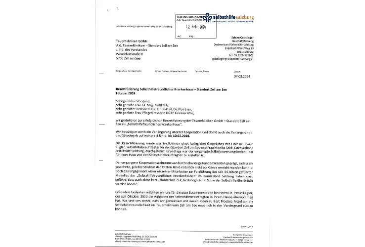 Brief in deutscher Sprache auf weißem Papier mit schwarzem Text. Oben sind Logo und Adresse sichtbar, gefolgt von Fließtext und Unterschriftenbereich.