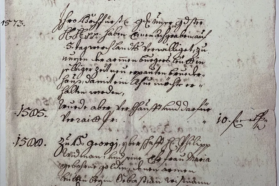 Altes handgeschriebenes Dokument in deutscher Kurrentschrift, datiert auf das Jahr 1573. Der Text ist schwer lesbar und enthält mehrere Zahlenangaben.