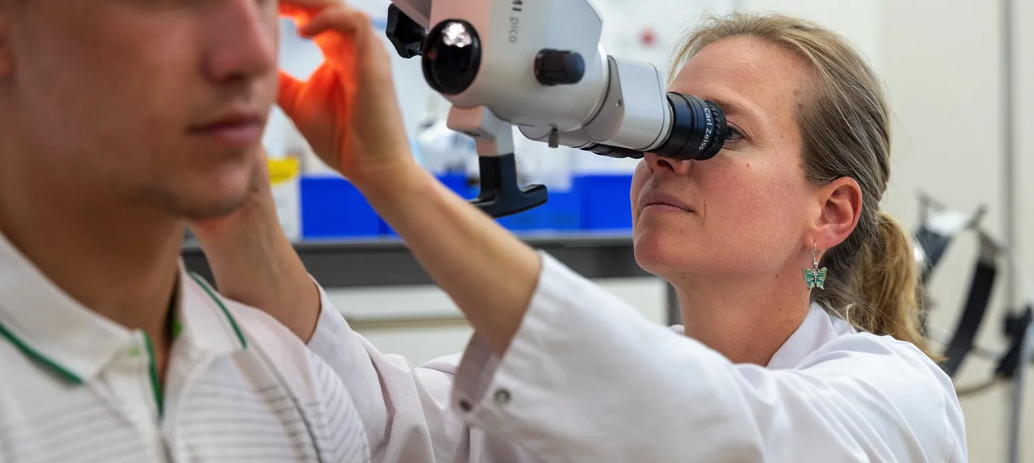 Ein Arzt untersucht das Ohr eines jugendlichen Patienten mit einem medizinischen Instrument in einer klinischen Umgebung.