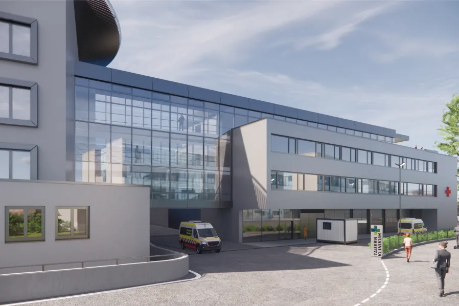 Modernes Krankenhaus mit Glasfassade, Rettungswagen vor dem Eingang, Personen auf dem Gehweg, bewölkter Himmel. Gebäude im zeitgenössischen Architekturstil.