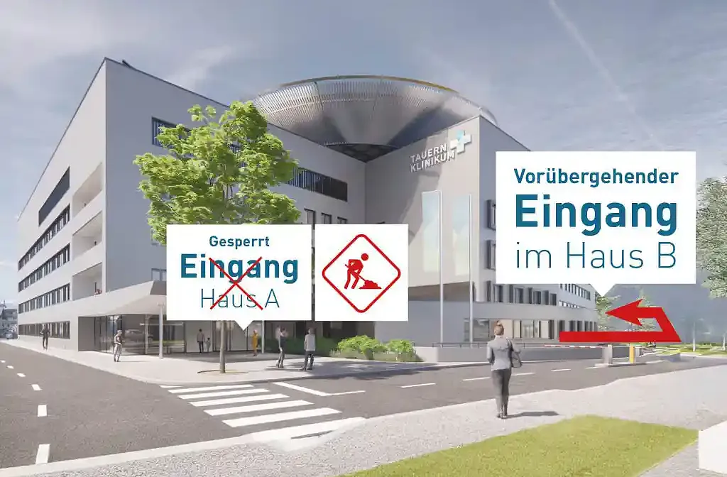 Moderne Klinikfassade mit Hinweisschildern: Eingang Haus A gesperrt, temporärer Eingang in Haus B. Menschen gehen den Gehweg entlang.